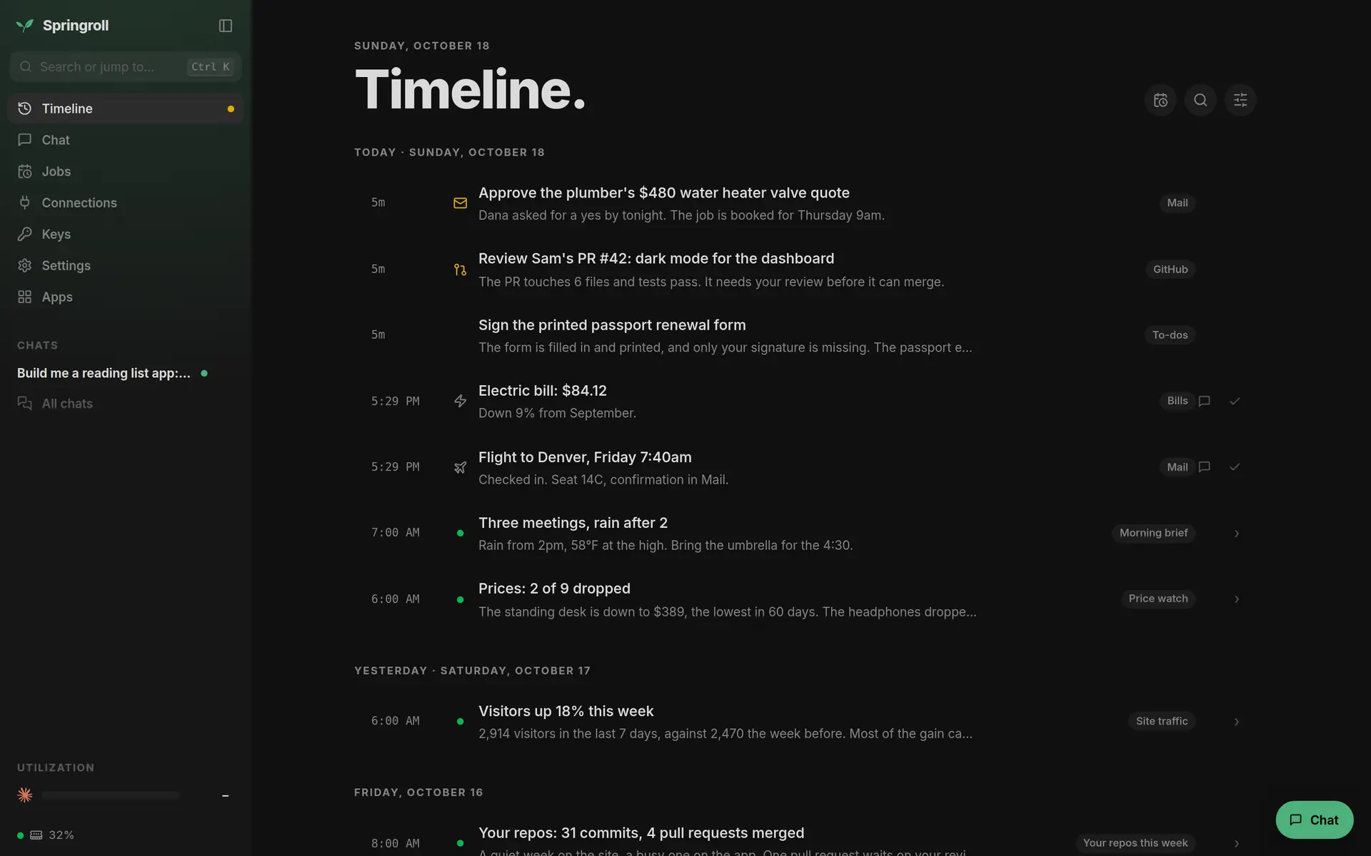 The Timeline: three things waiting on you, then the day's job reports